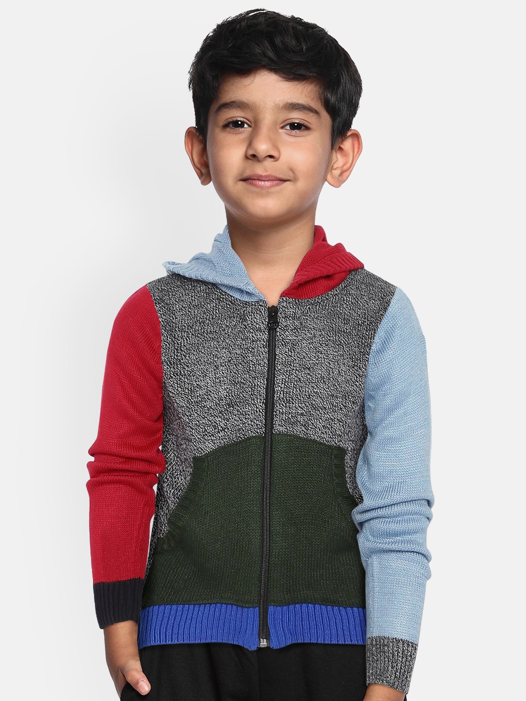 

YK Boys Grey Melange & Blue Colourblocked Hooded Cardigan with Melange Effect