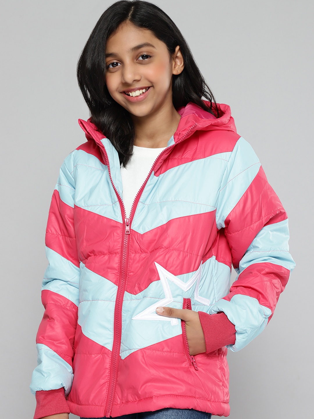

YK Girls Pink & Blue Colourblocked Hooded Padded Jacket
