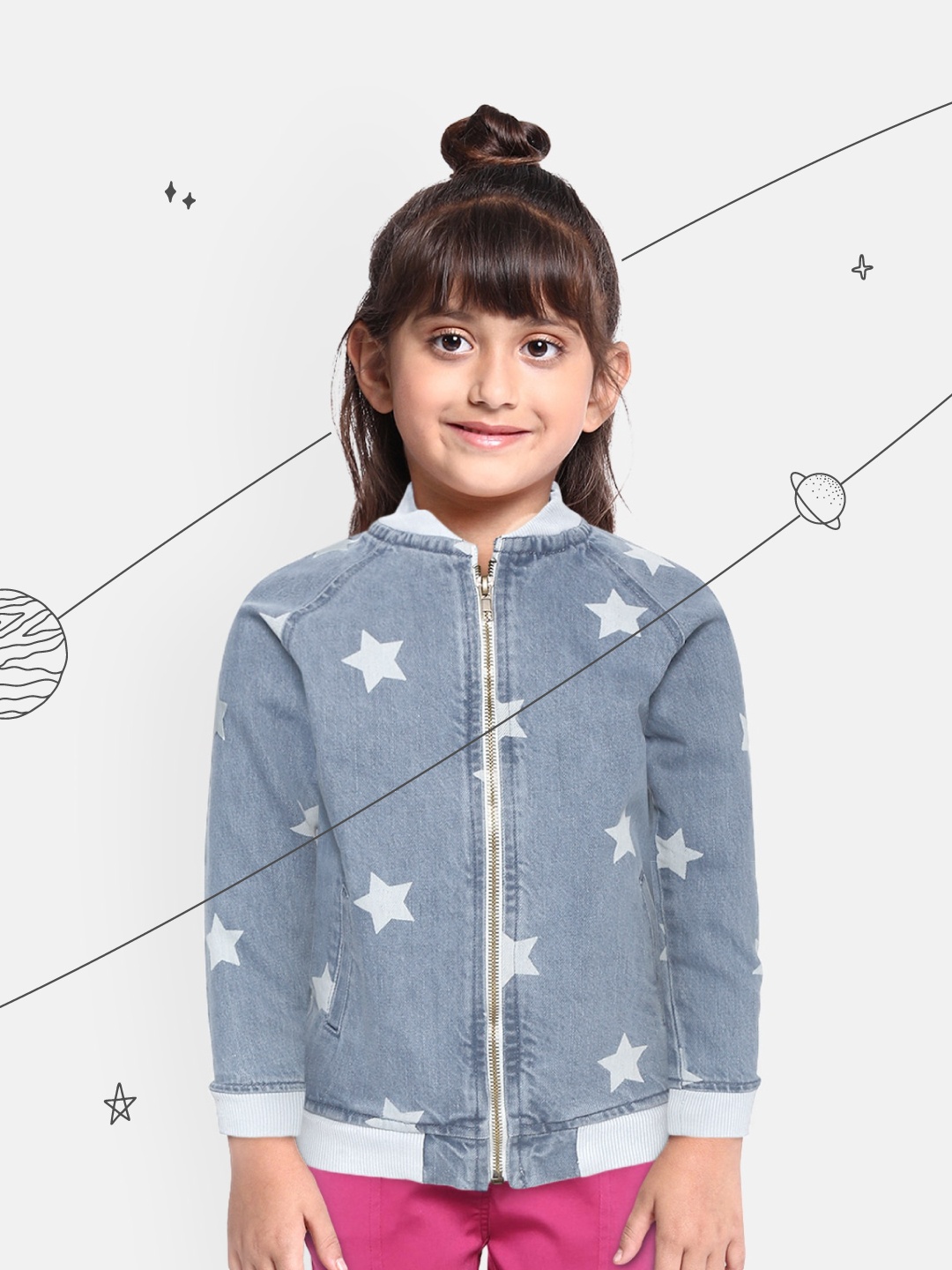 

YK Girls Blue Star Print Pure Cotton Faded Denim Jacket