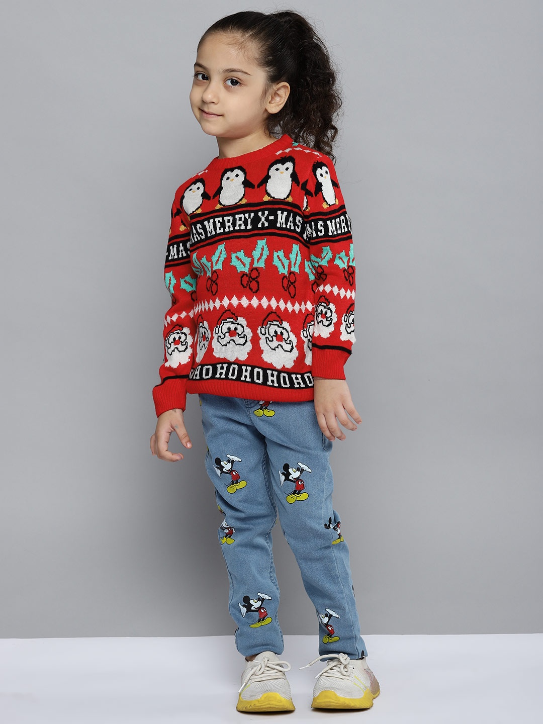 

YK Girls Red & Black Santa Claus & Penguin Patterned Acrylic Pullover