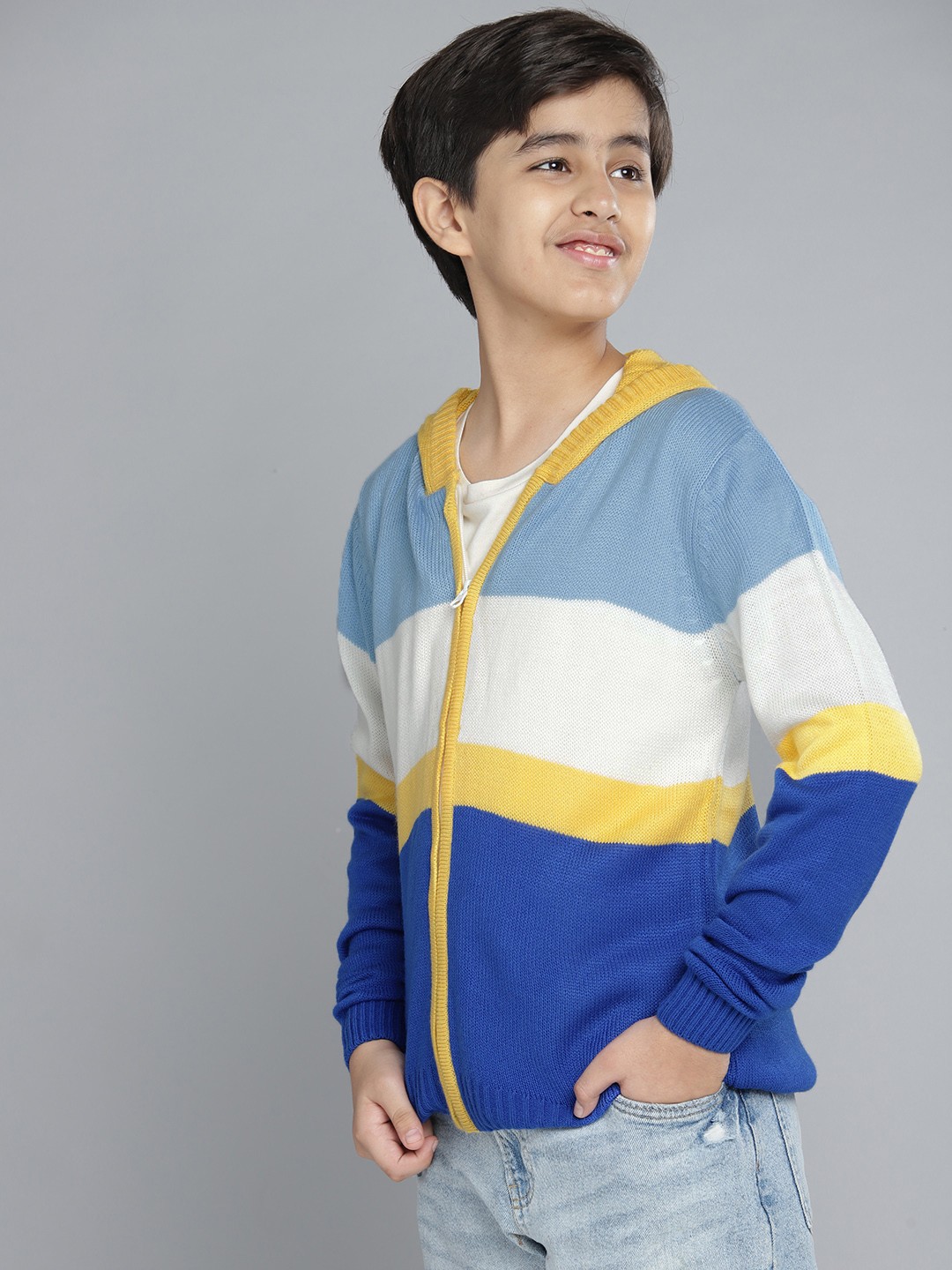 

YK Boys Blue and White Colourblocked Hooded Acrylic Cardigan