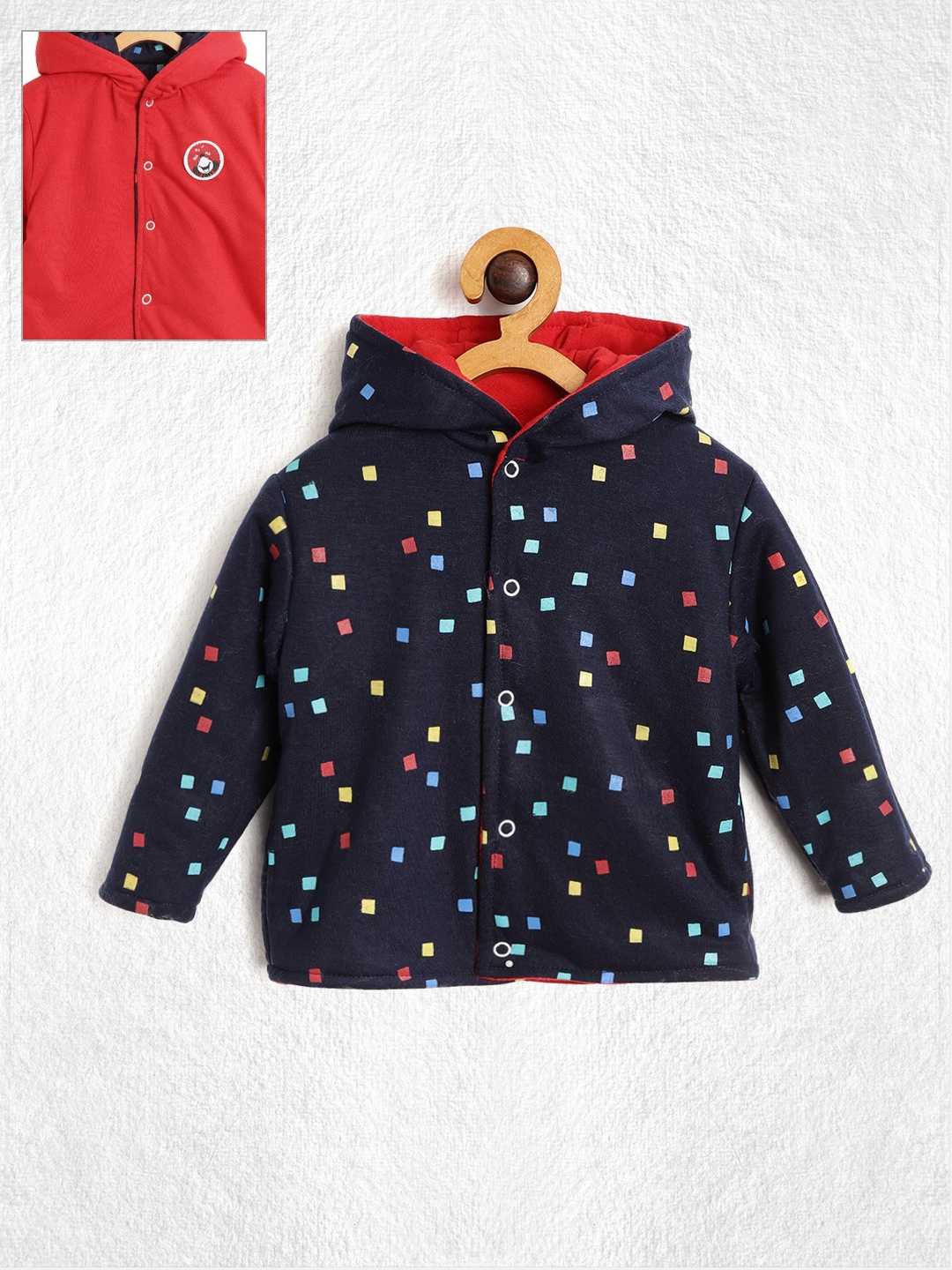 

YK Boys Navy Blue & Red Printed Reversible Hooded Tailored Jacket