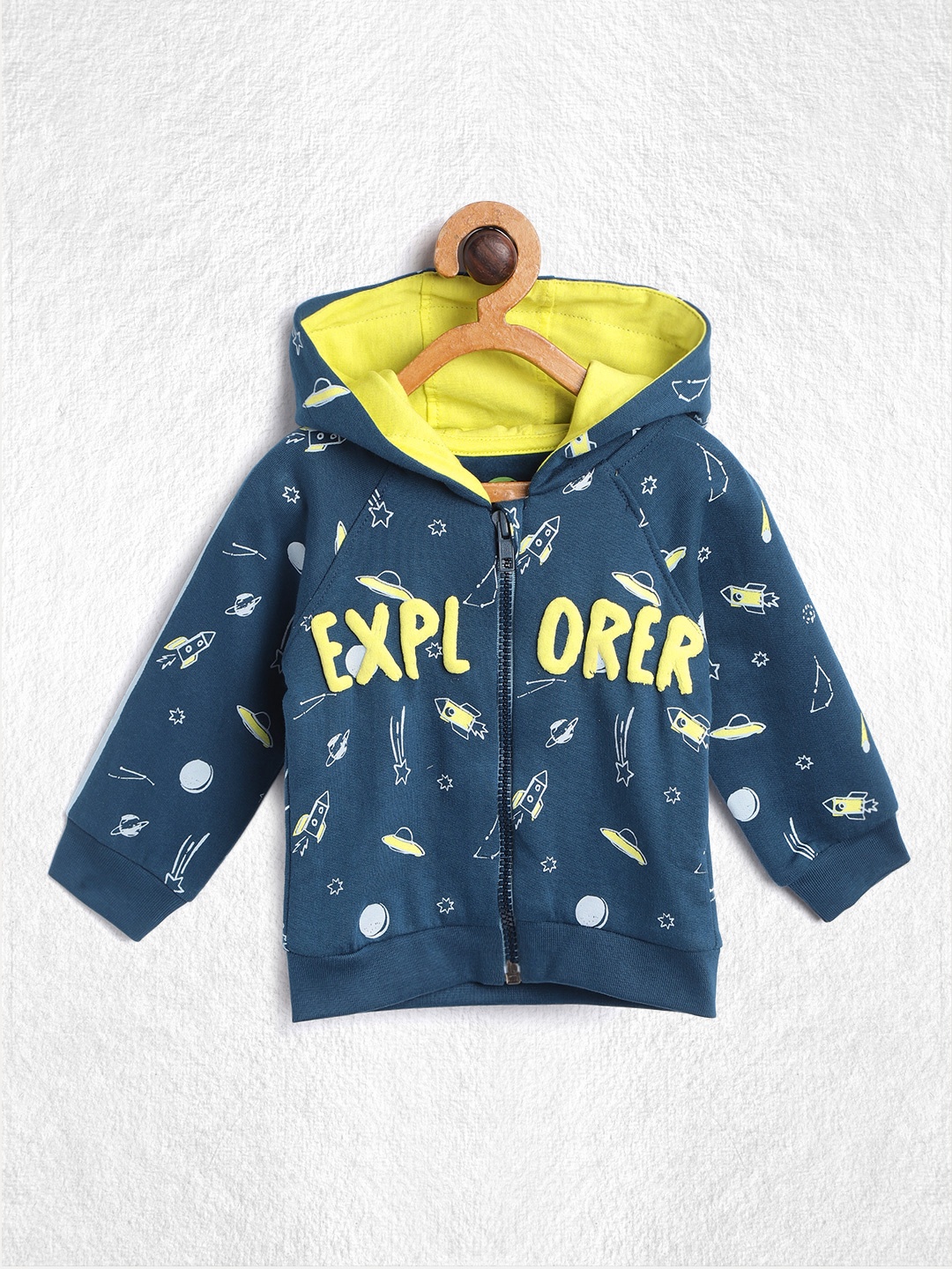 

YK Infant Boys Blue & Fluorescent Green Printed Organic Cotton Hooded Sweatshirt
