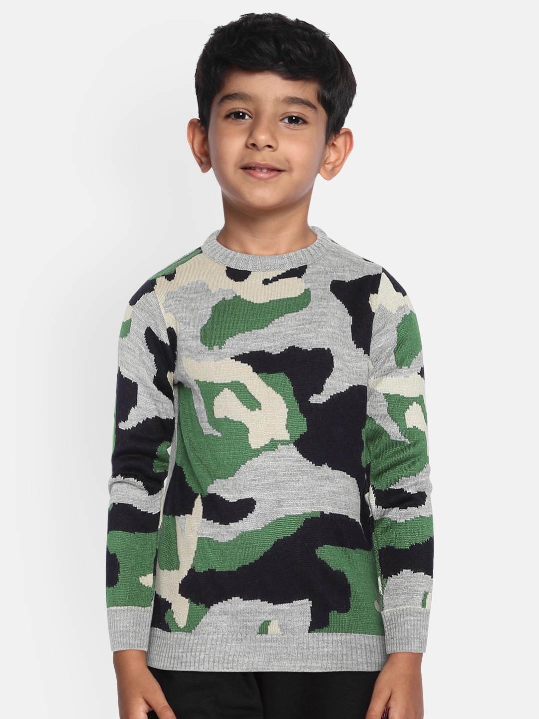 

YK Boys Grey Melange & Green Camouflage Patterned Pullover