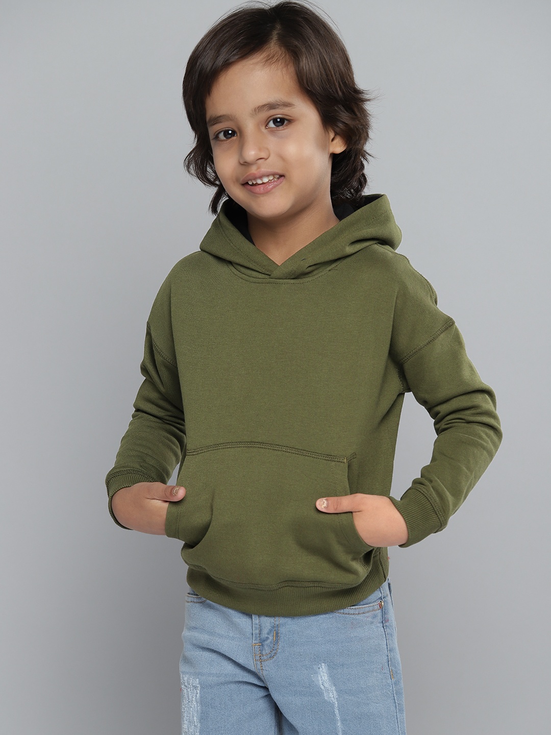 

YK Boys Olive Green Solid Hooded Sweatshirt