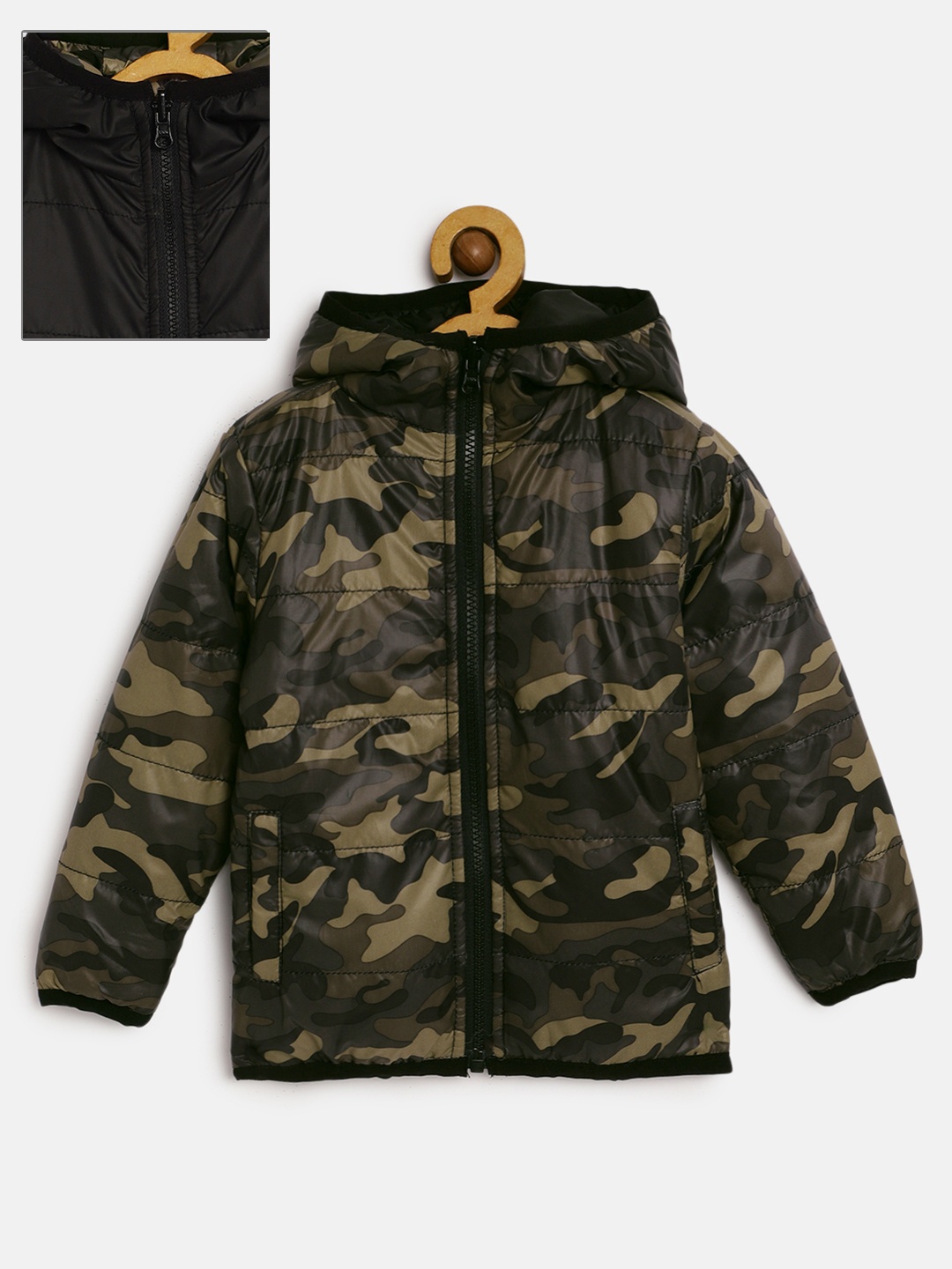 

YK Boys Olive Green Camouflage Printed Reversible Padded Jacket