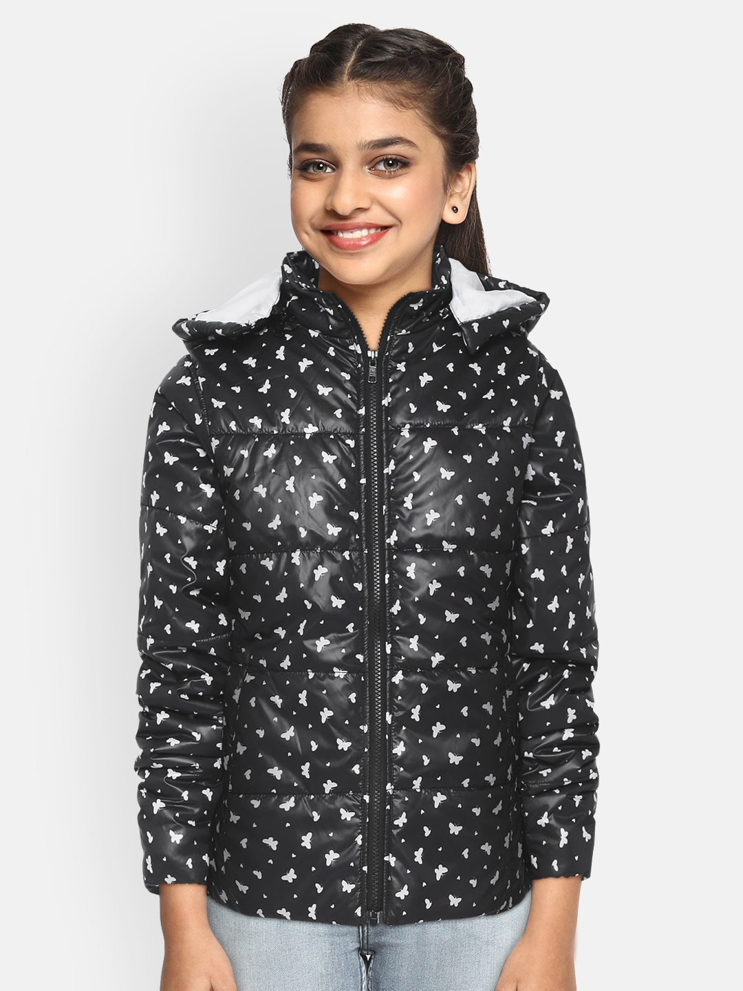 

YK Girls Black & White Butterfly Print Hooded Padded Jacket