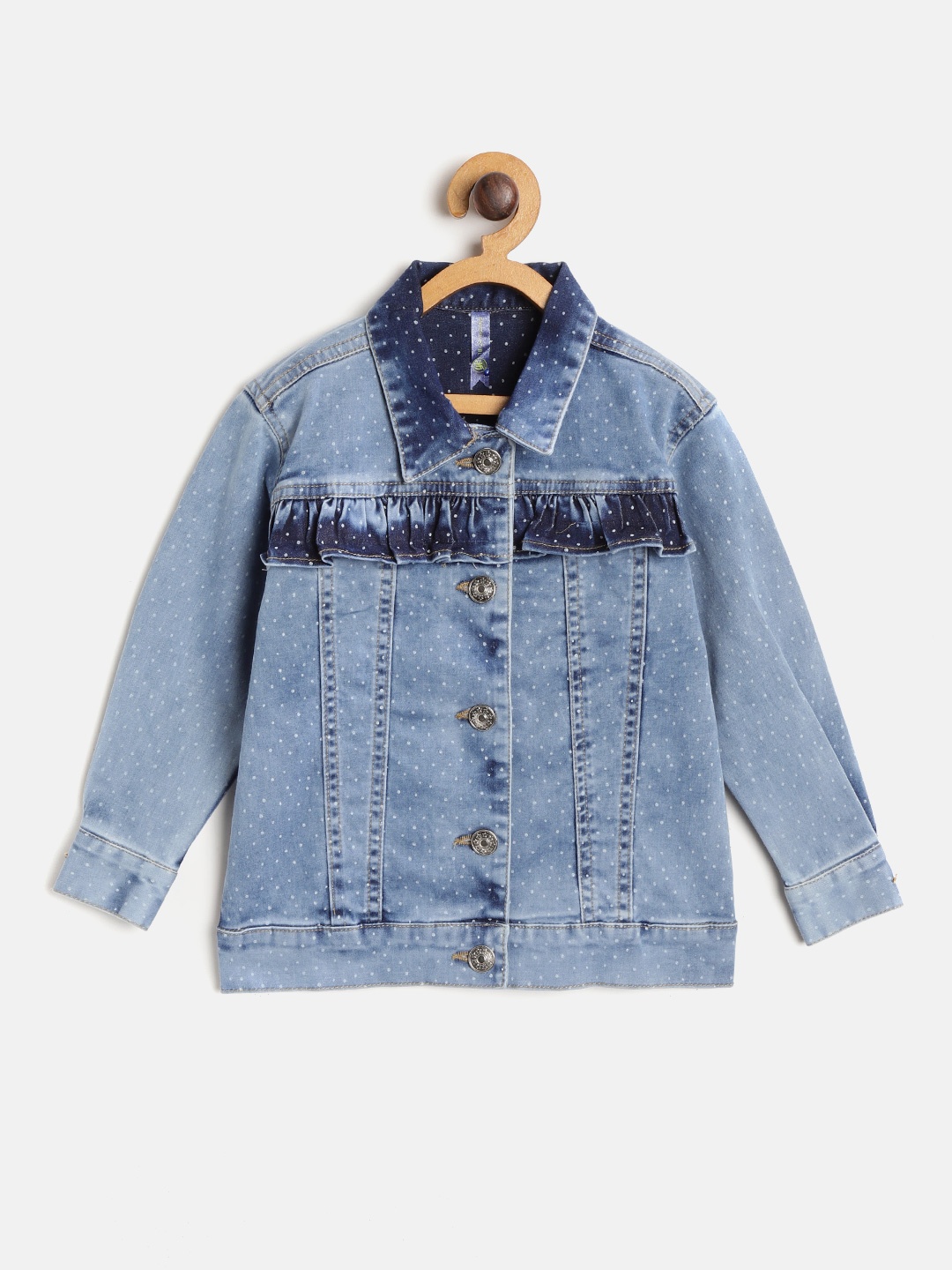 

YK Infant Girls Blue Washed Polka Dot Print Denim Jacket with Ruffle Detail