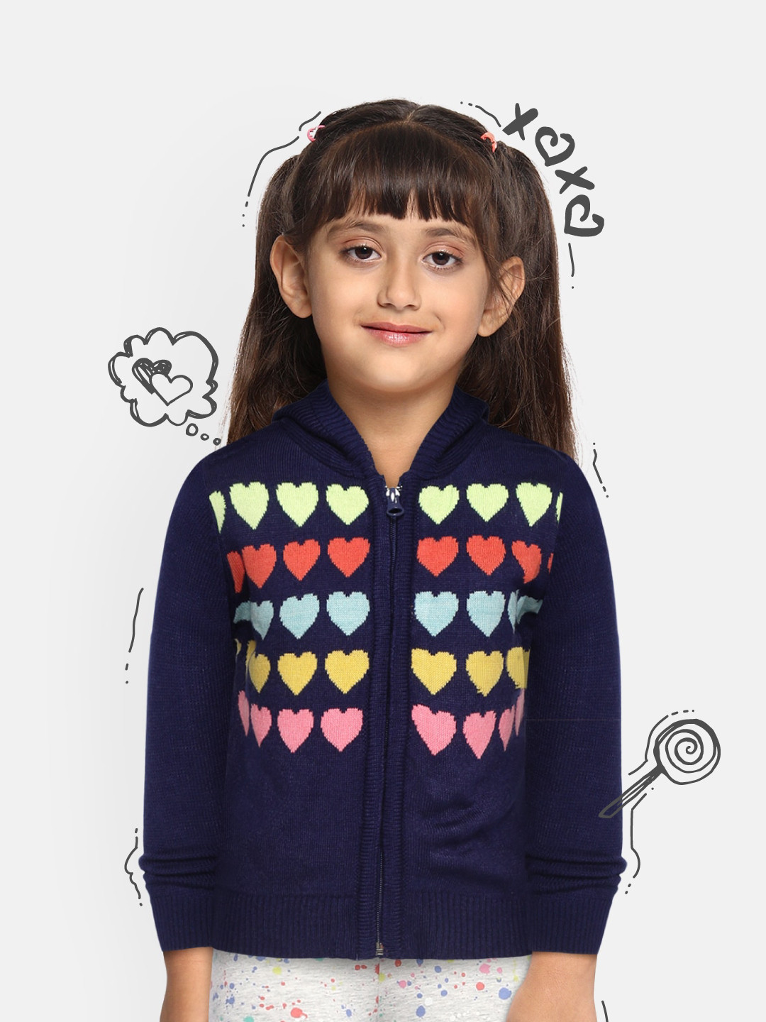 

YK Girls Navy Blue & Pink Hearts Patterned Self Design Hooded Acrylic Cardigan