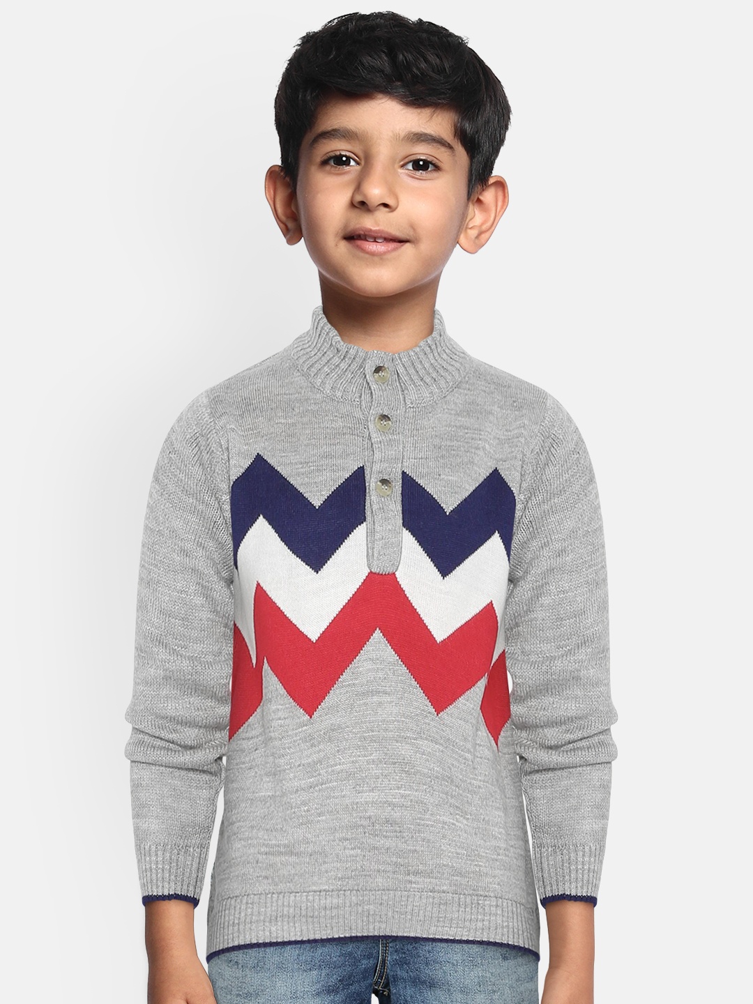 

YK Boys Grey & Navy Blue Chevron Patterned Pullover