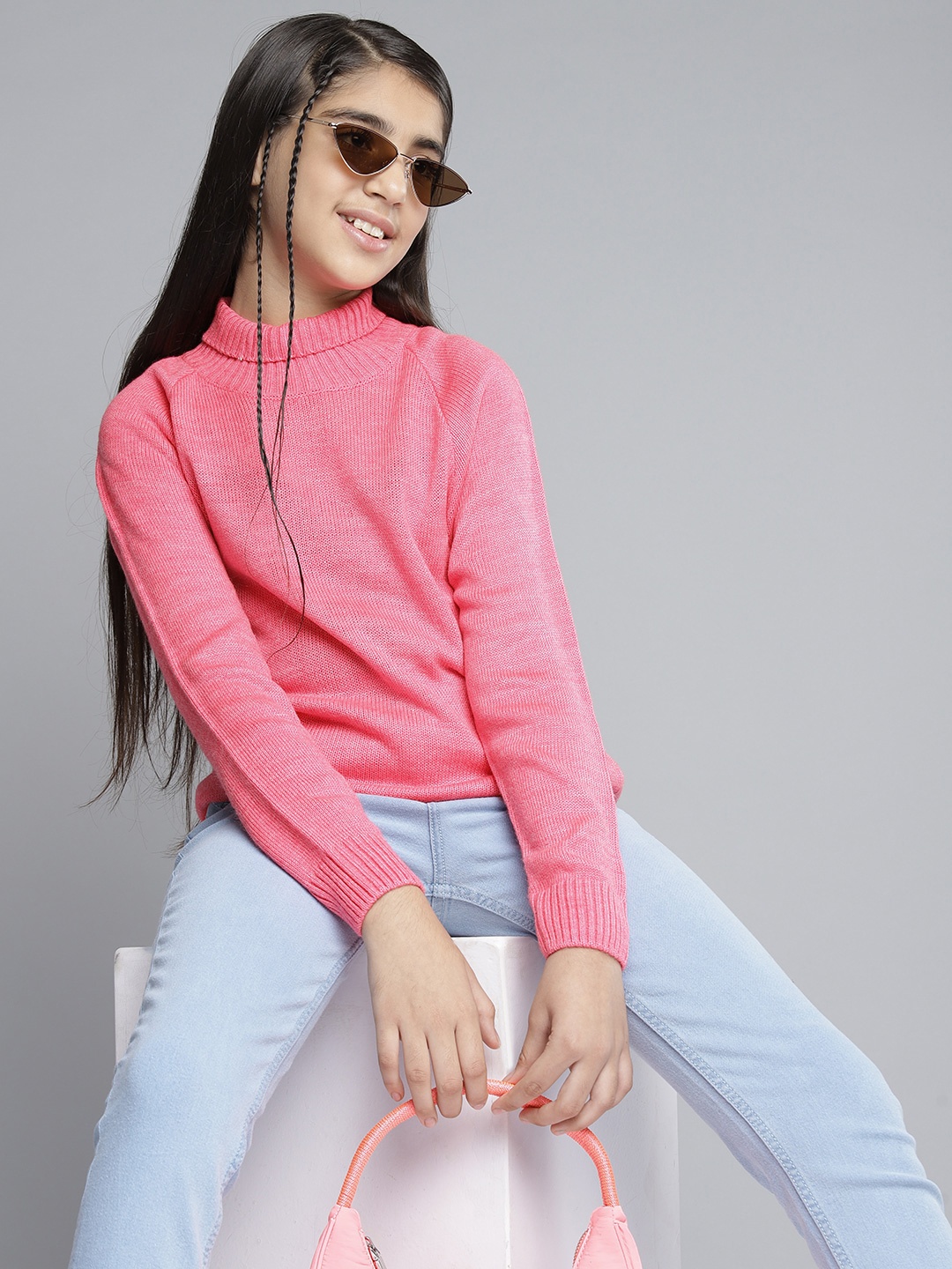 

YK Girls Pink Solid Turtle Neck Pullover