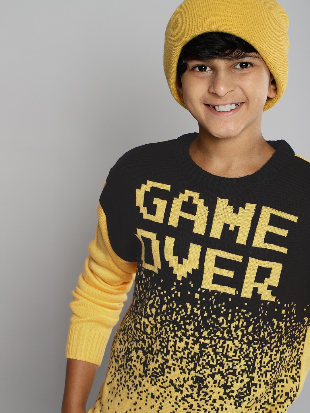 

YK Boys Yellow & Black Typographic Self Design Acrylic Pullover