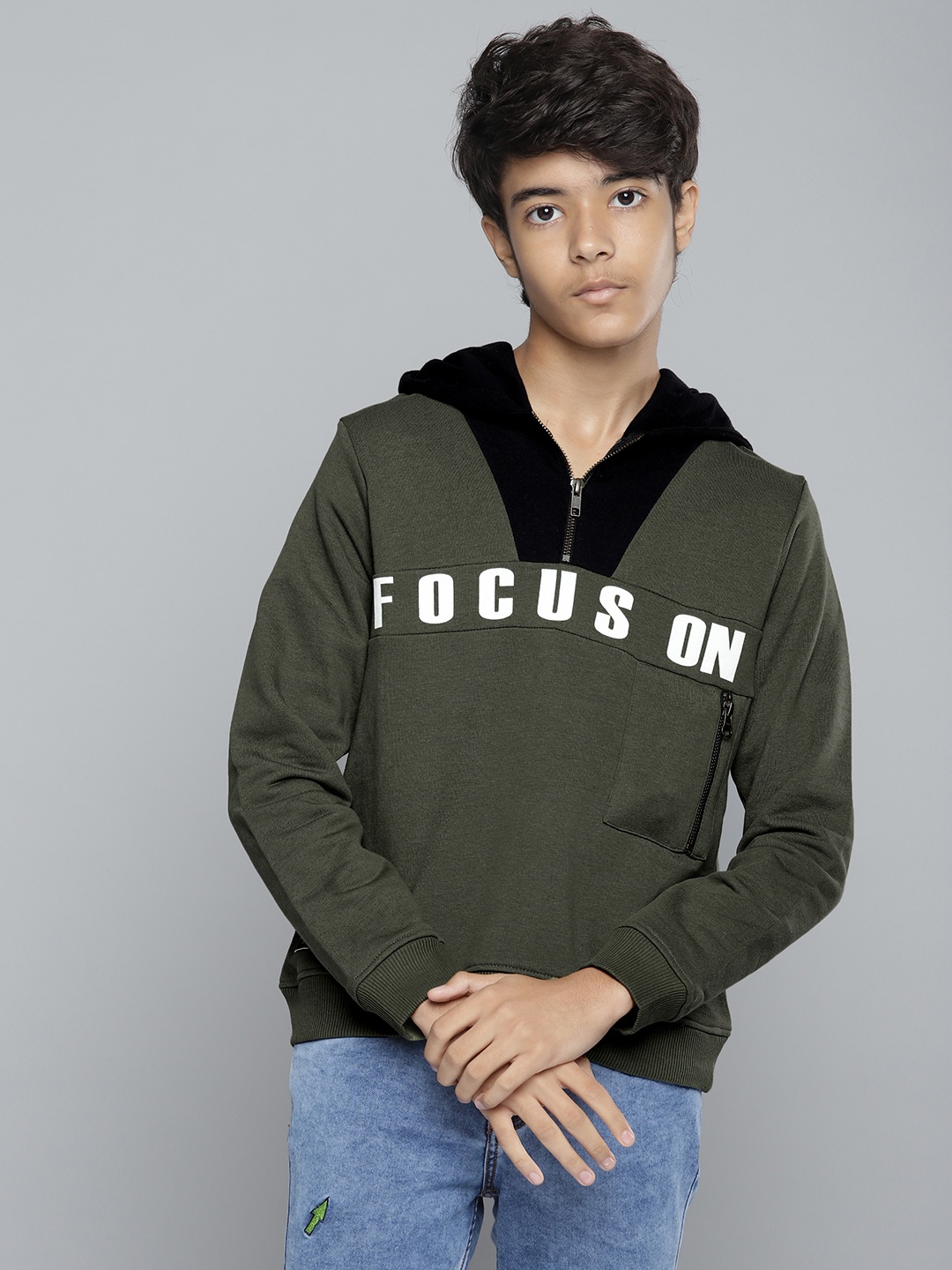 

YK Boys Olive Green Typography Printed Hooded Sweatshirt