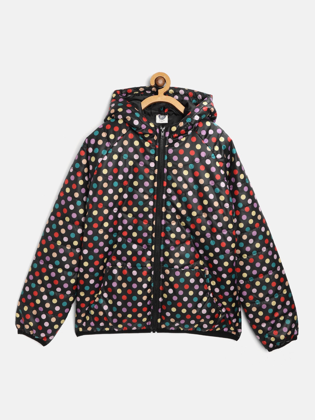 

YK Girls Multi-Coloured Polka Dot Print Hooded Padded Jacket, Black