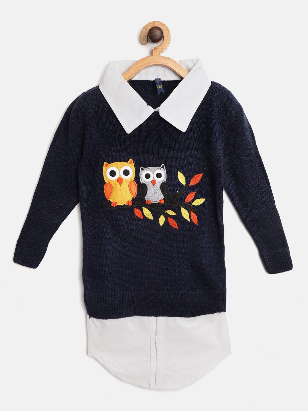 

YK Girls Navy Blue & White Applique Longline Acrylic Sweater