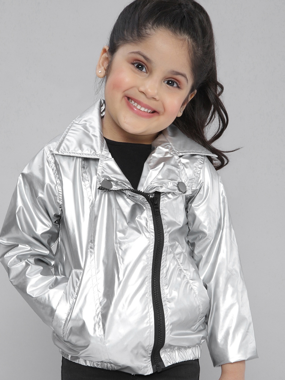 

YK Girls Silver Solid Lightweight Asymmetric Closure Tailored Jacket