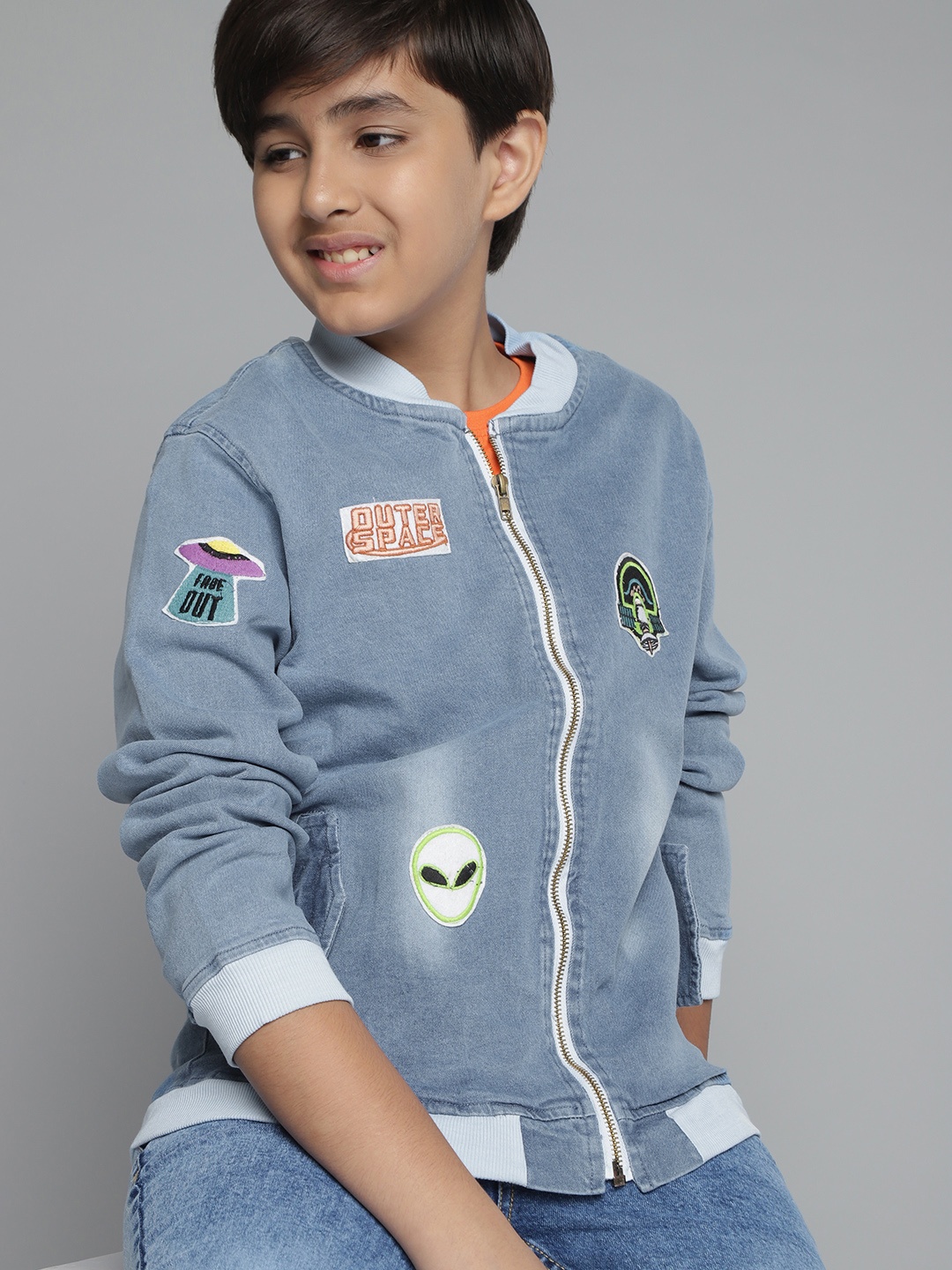 

YK Boys Blue Washed Pure Cotton Denim Jacket with Appliques
