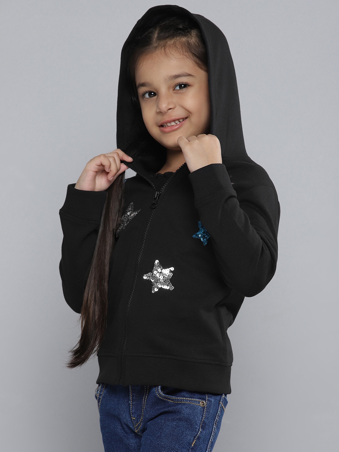 

YK Girls Black & Silver Star Shape Sequinned Hooded Sweatshirt