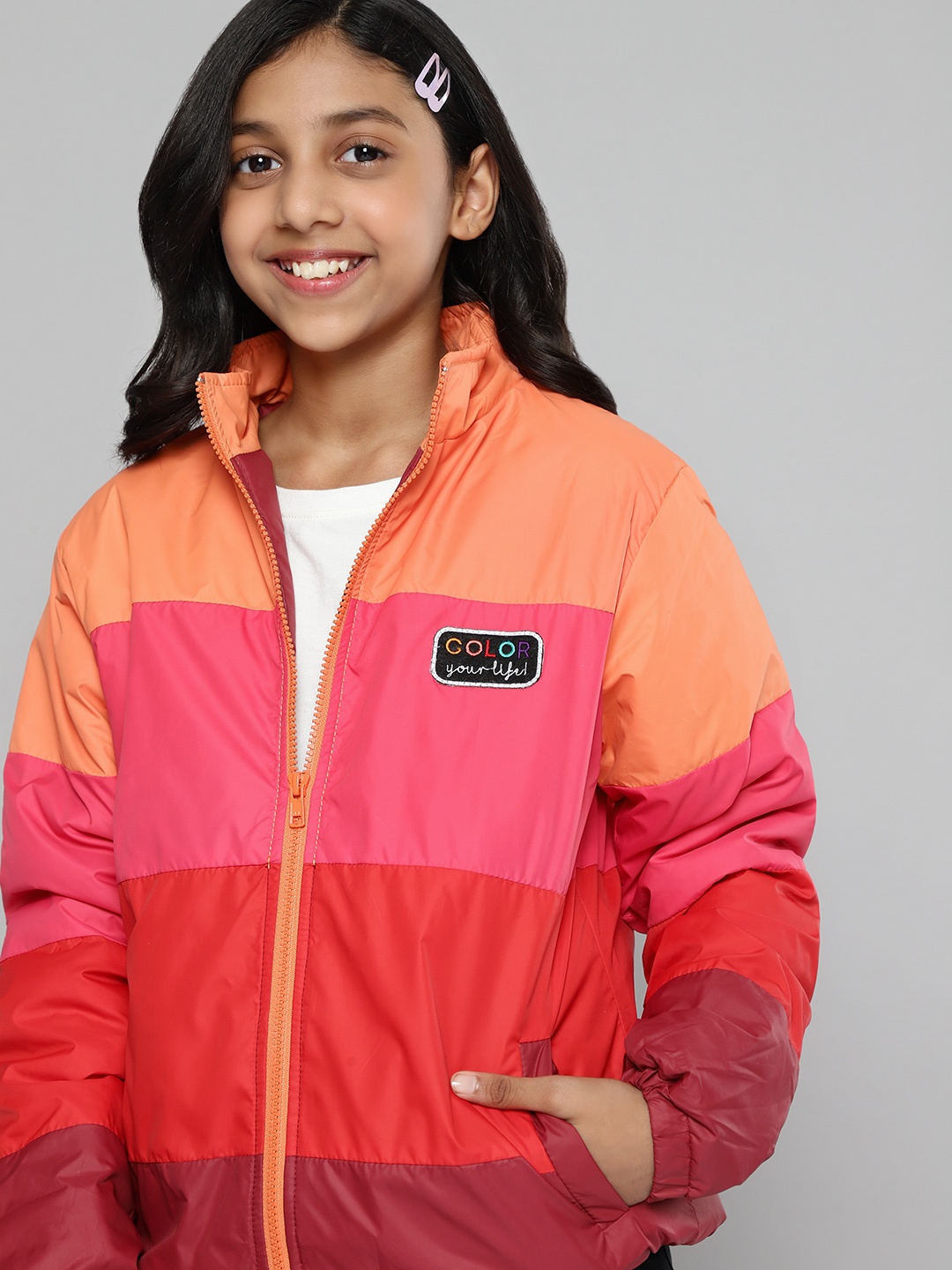 

YK Girls Orange & Pink Colourblocked Padded Jacket