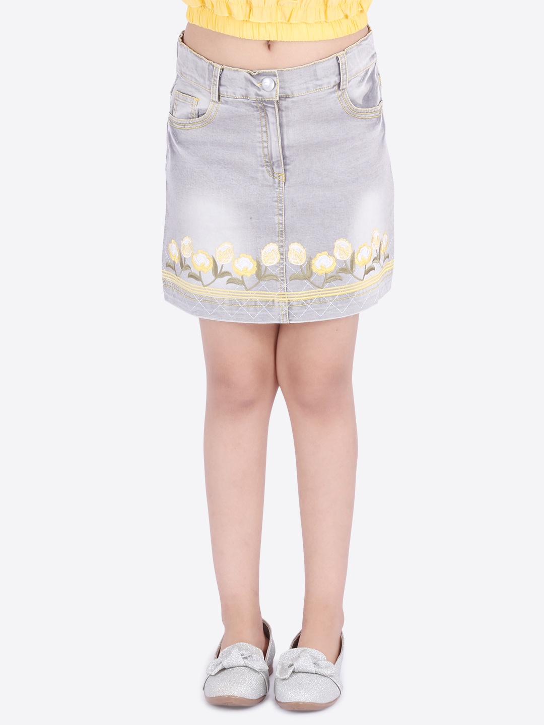 

CUTECUMBER Girls Grey Embroidered Denim Straight Skirt