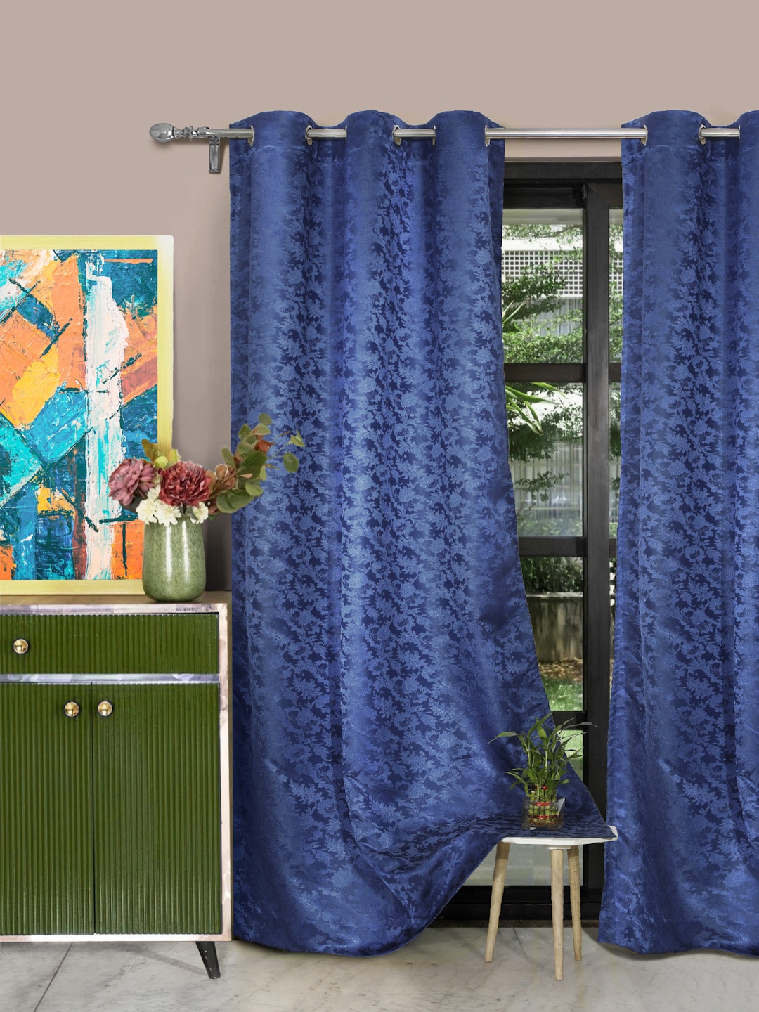 

ROSARA HOME Navy Blue Set of 2 Jacquard Door Curtains