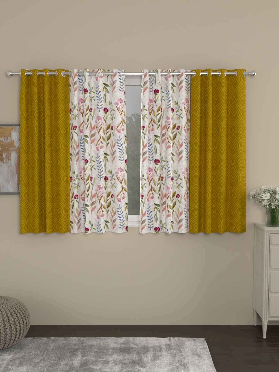 

ROSARA HOME Gold-Coloured & White Set of 4 Jacquard Window Curtains