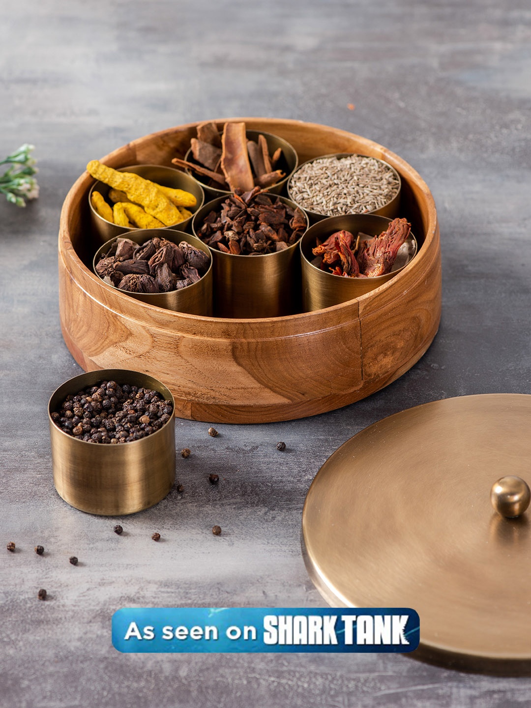 

nestroots Gold-Toned Teak Wood Round Masala Box or Spice Jar Container with Brass Lid