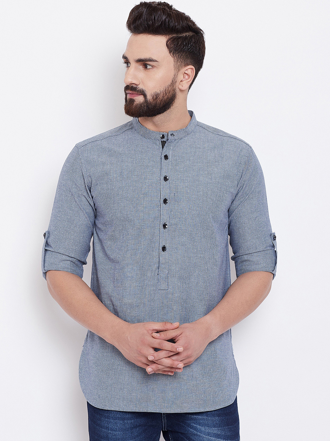 

even Men Navy Blue Striped Straight Kurta