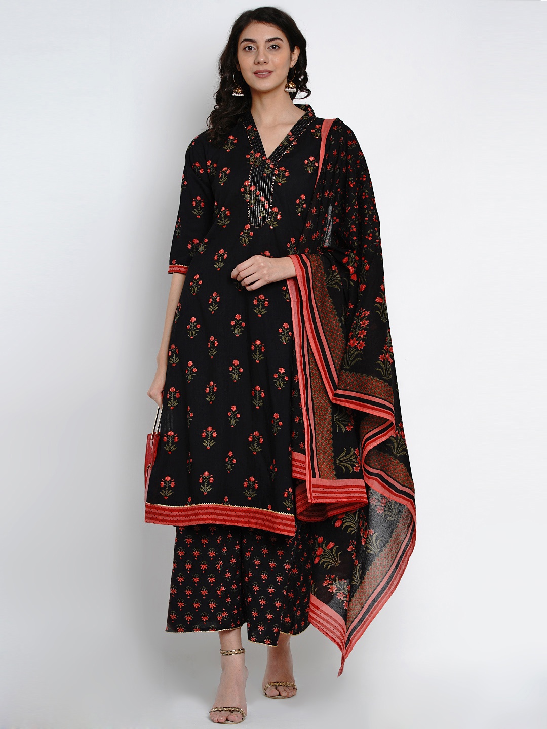 

Yuris Women Black & Orange Printed Kurta with Palazzos and Dupatta