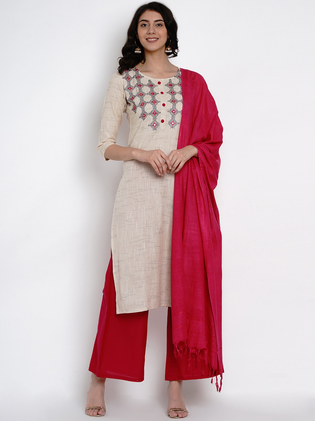 

Yuris Women Beige & Red Embroidered Kurta with Palazzos & Dupatta