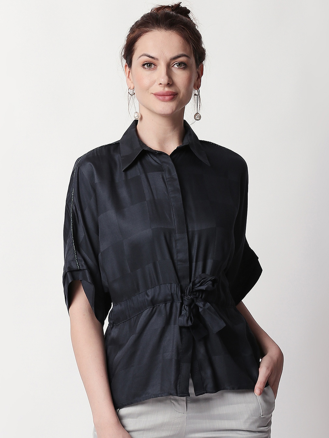 

RAREISM Women Blue Self Design Cinched Waist Top