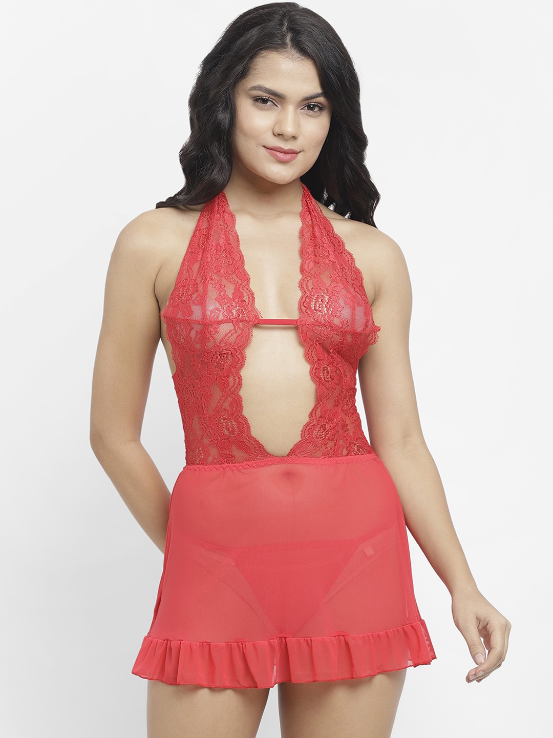 

N-Gal Red Self Design Front Cut Out Sheer Lace Baby Doll