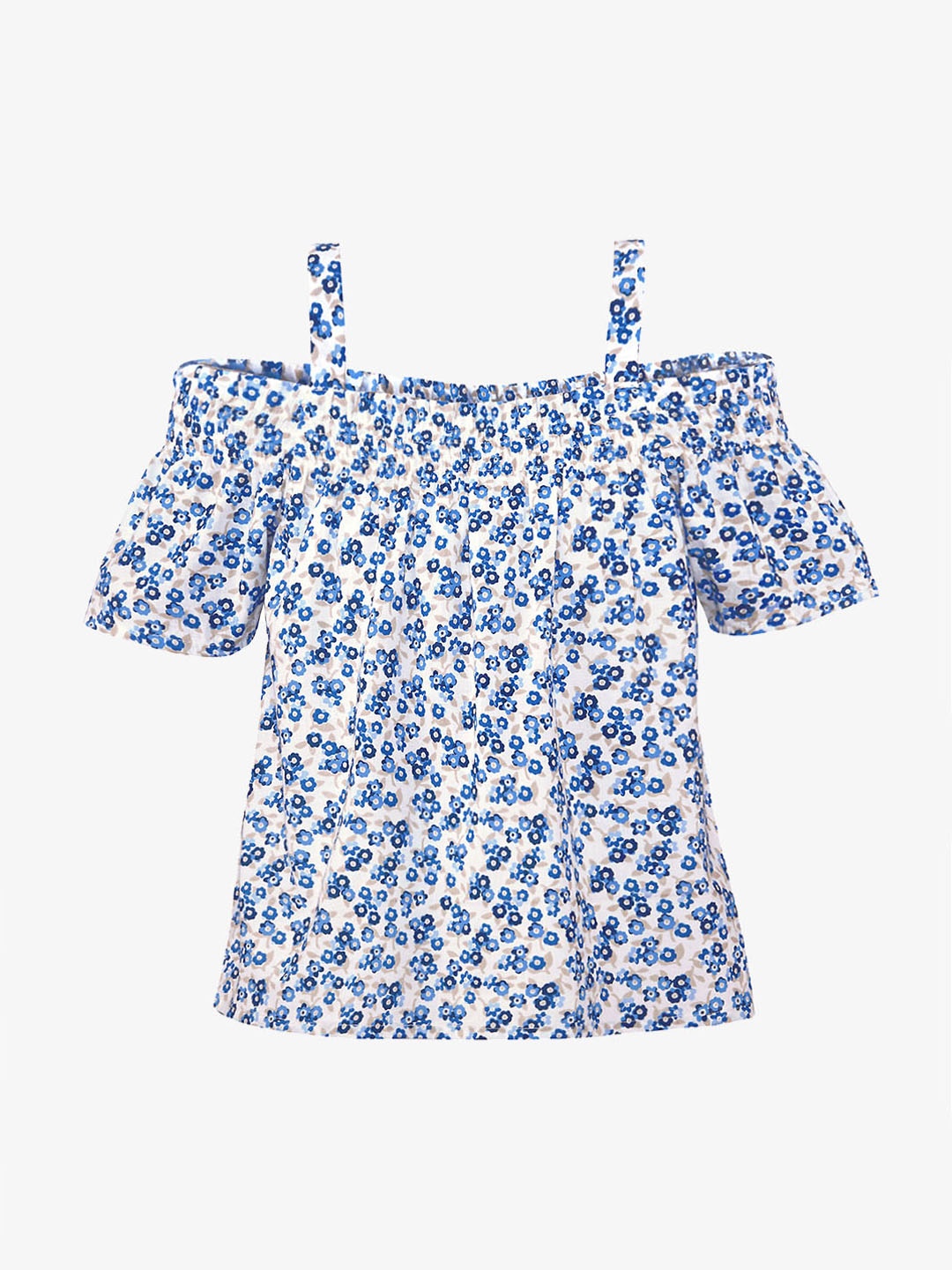 

CACA CINA Girls White & Blue Printed Bardot Top