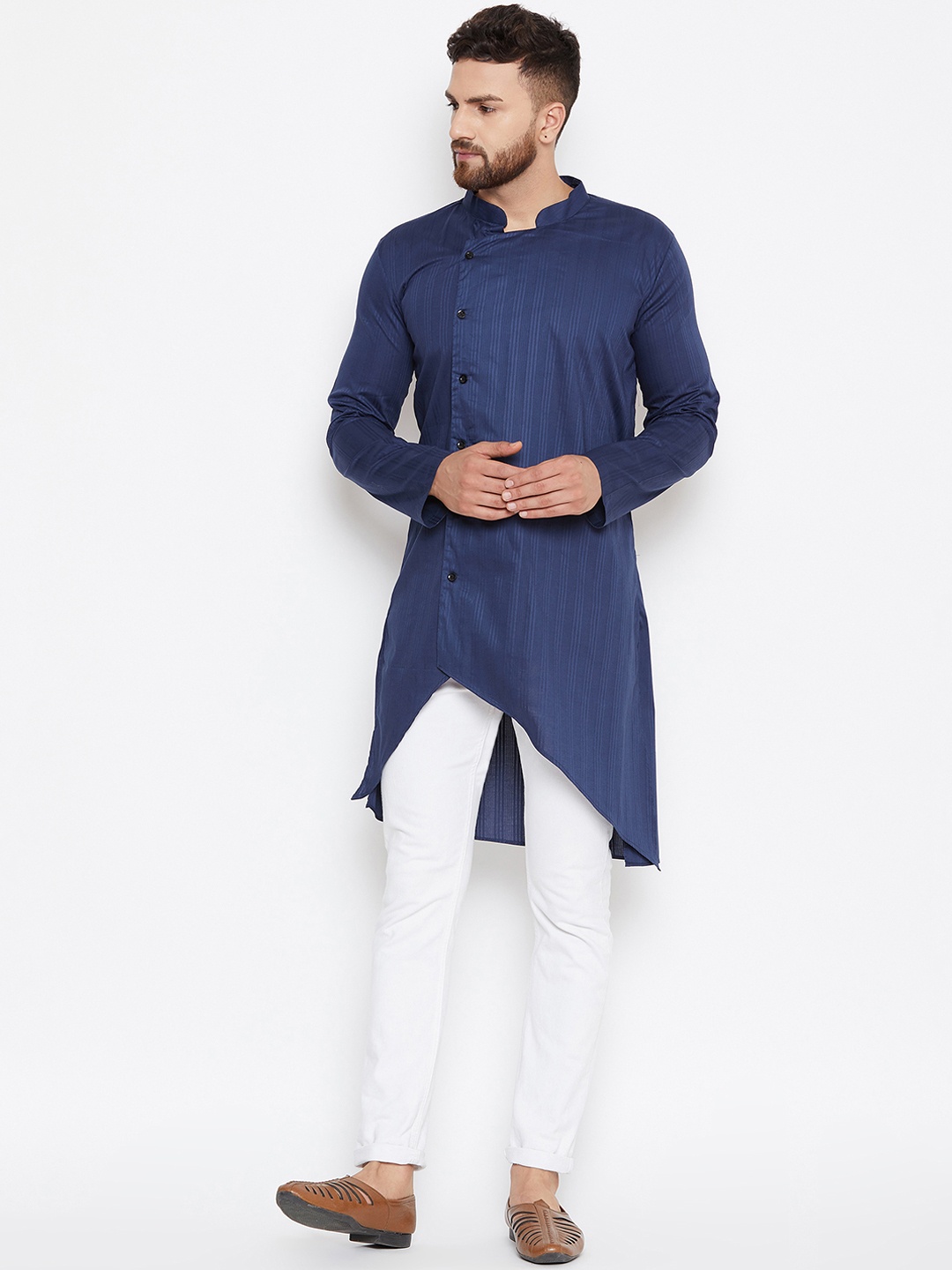 

even Men Navy Blue Self- Striped Straight Kurta