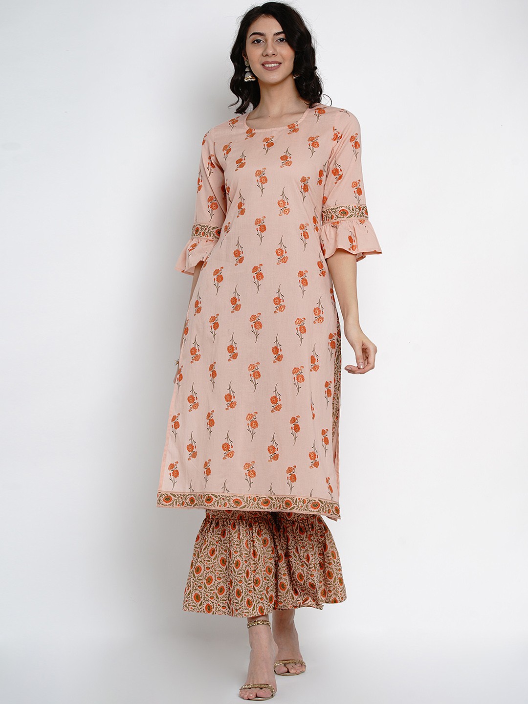 

Yuris Women Pink & Orange Printed Kurti with Sharara