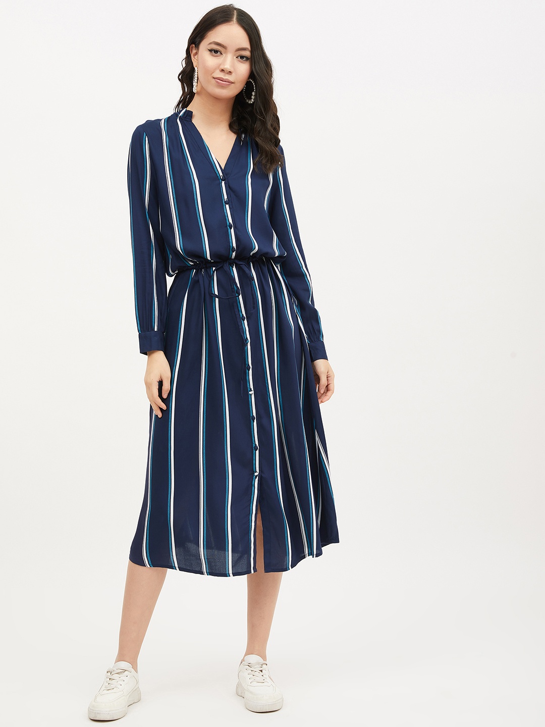 

Harpa Women Navy Blue Striped Shirt Dress