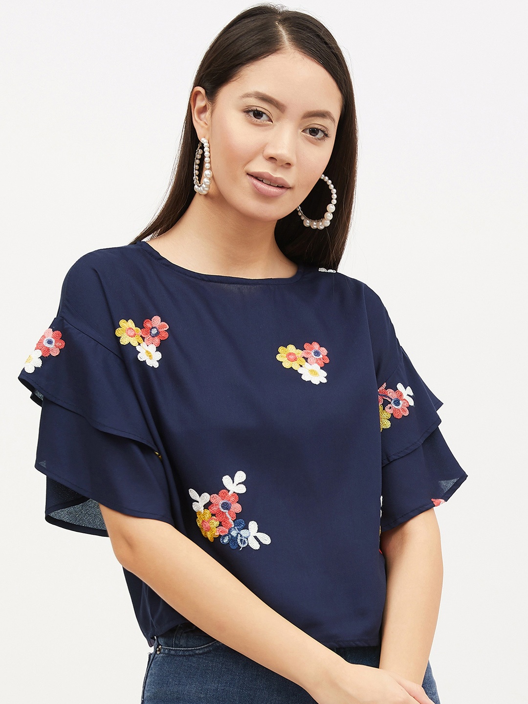 

Harpa Women Navy Blue Printed A-Line Pure Cotton Top