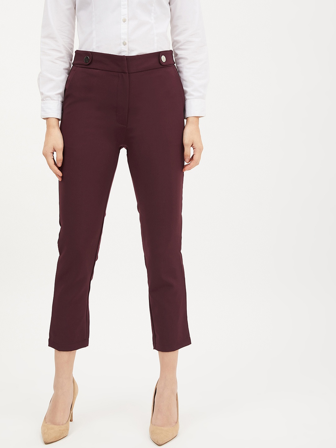 

Harpa Women Maroon Smart Regular Fit Solid Peg Trousers