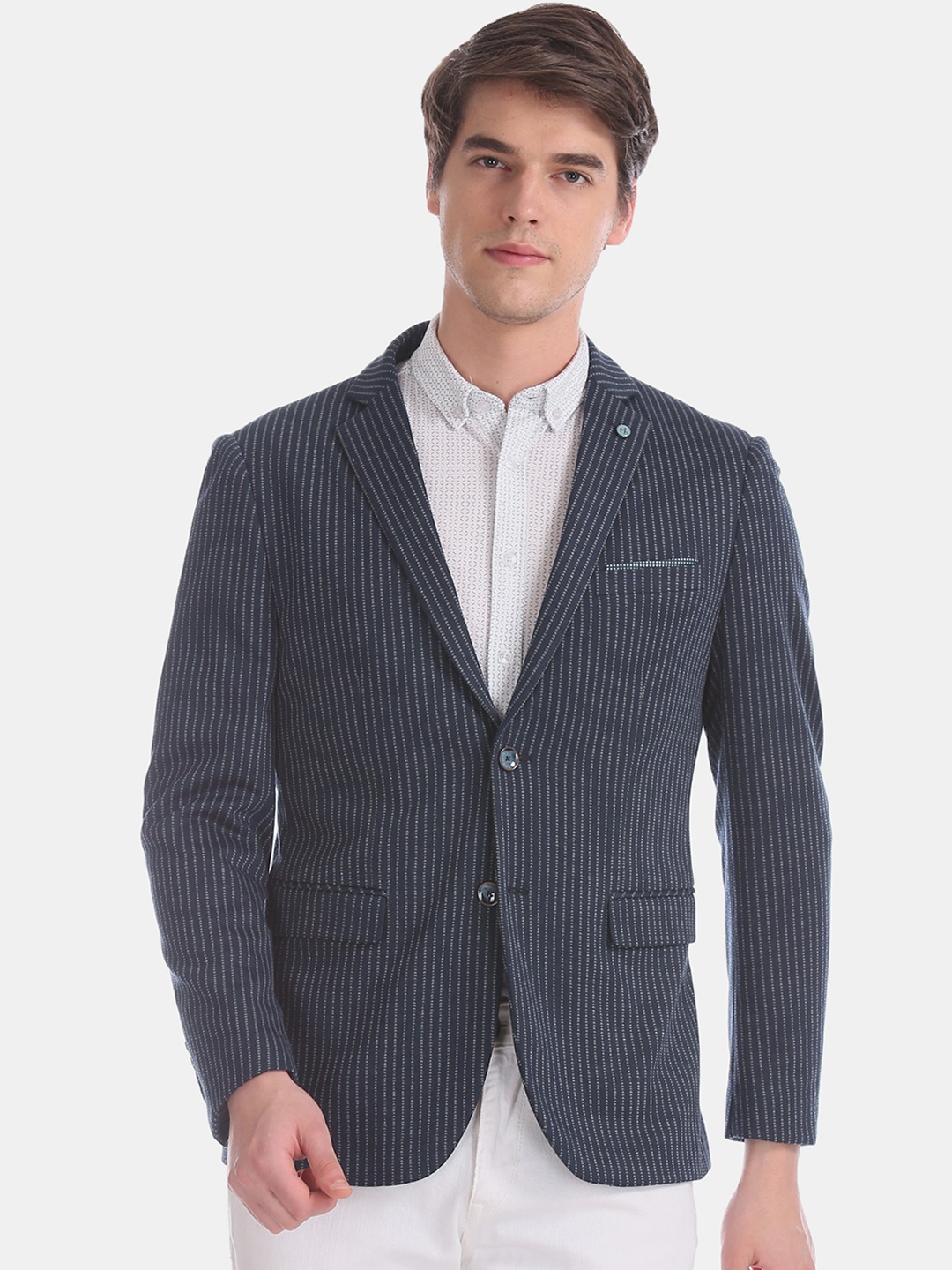 

Arrow Men Blue Striped Slim-Fit Single-Breasted Zero Calorie Formal Blazer