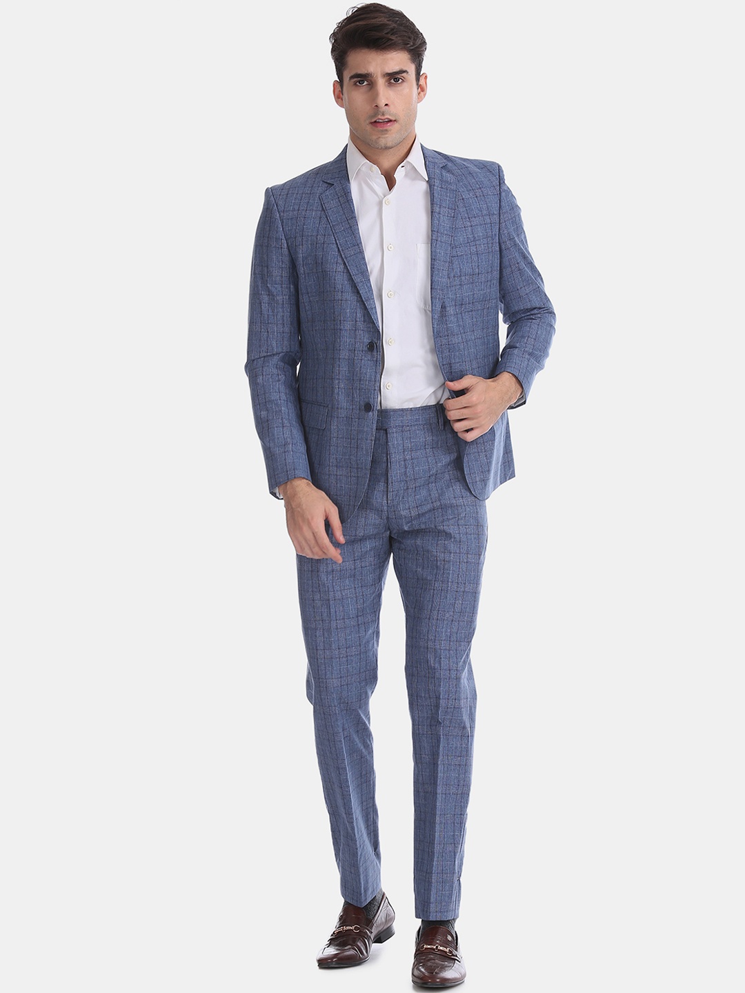 

Arrow Men Blue Checked Single-Breasted Formal Suit