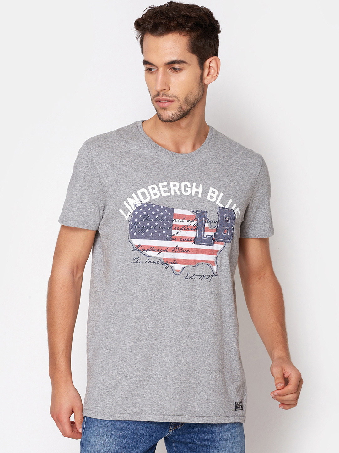 

LINDBERGH Men Grey Melange Printed Round Neck T-shirt