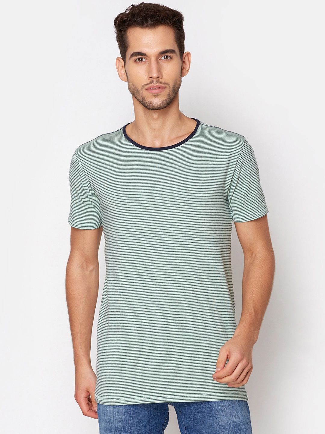 

LINDBERGH Men Green & Black Striped Round Neck T-shirt