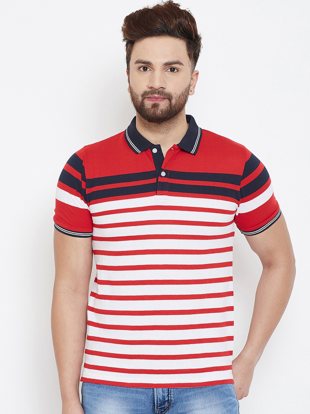 

Austin wood Men Red & White Striped Polo Collar T-shirt