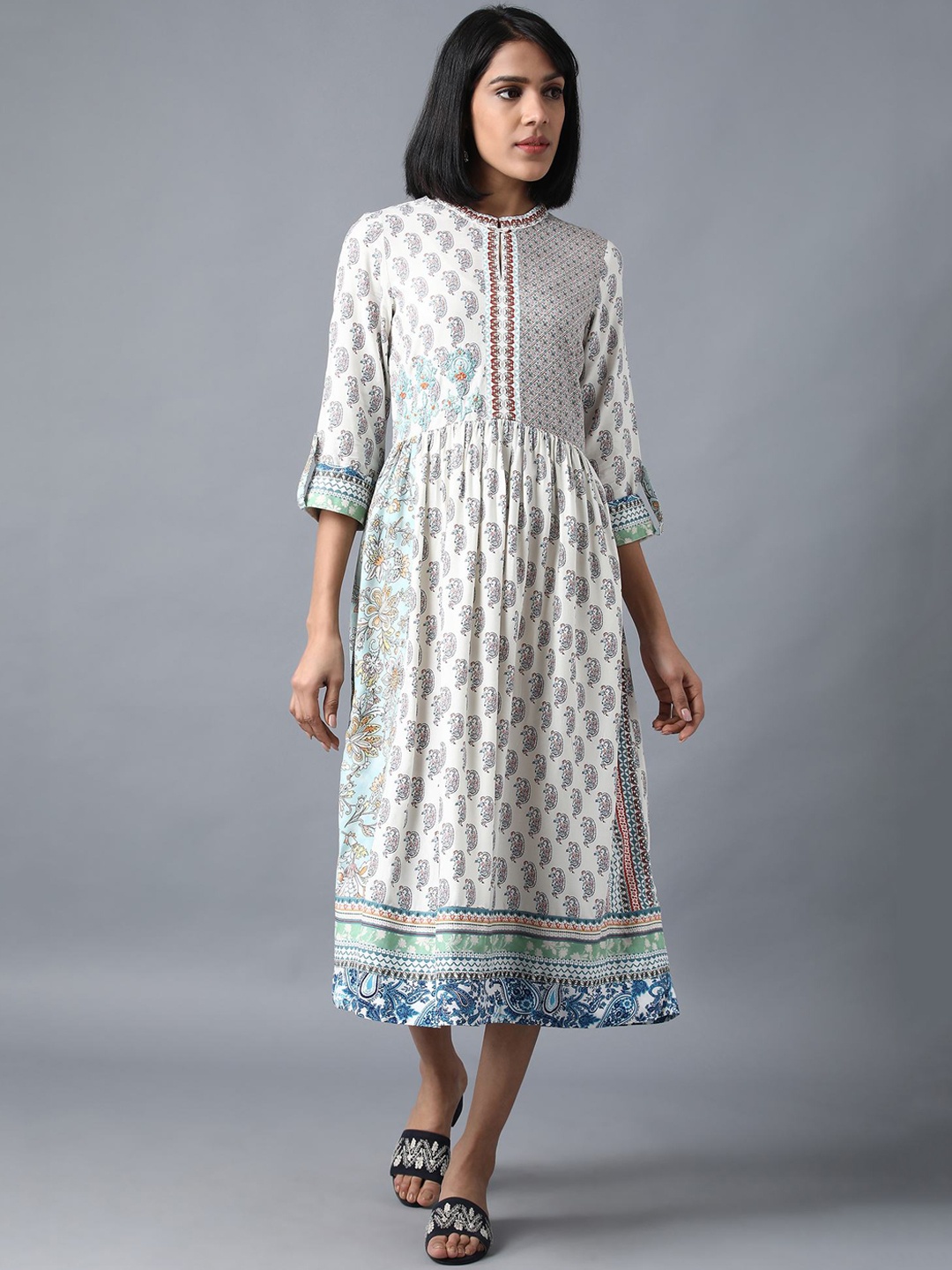 

W Women White Printed Fit and Flare Dress