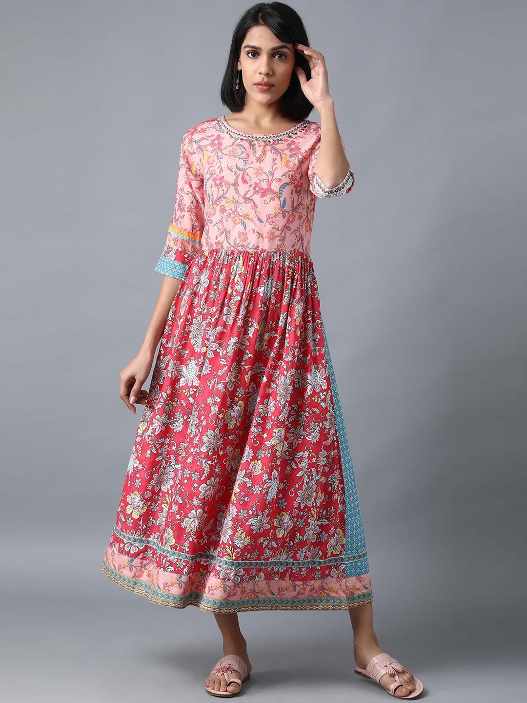 

W Women Pink Printed Fit and Flare Dress
