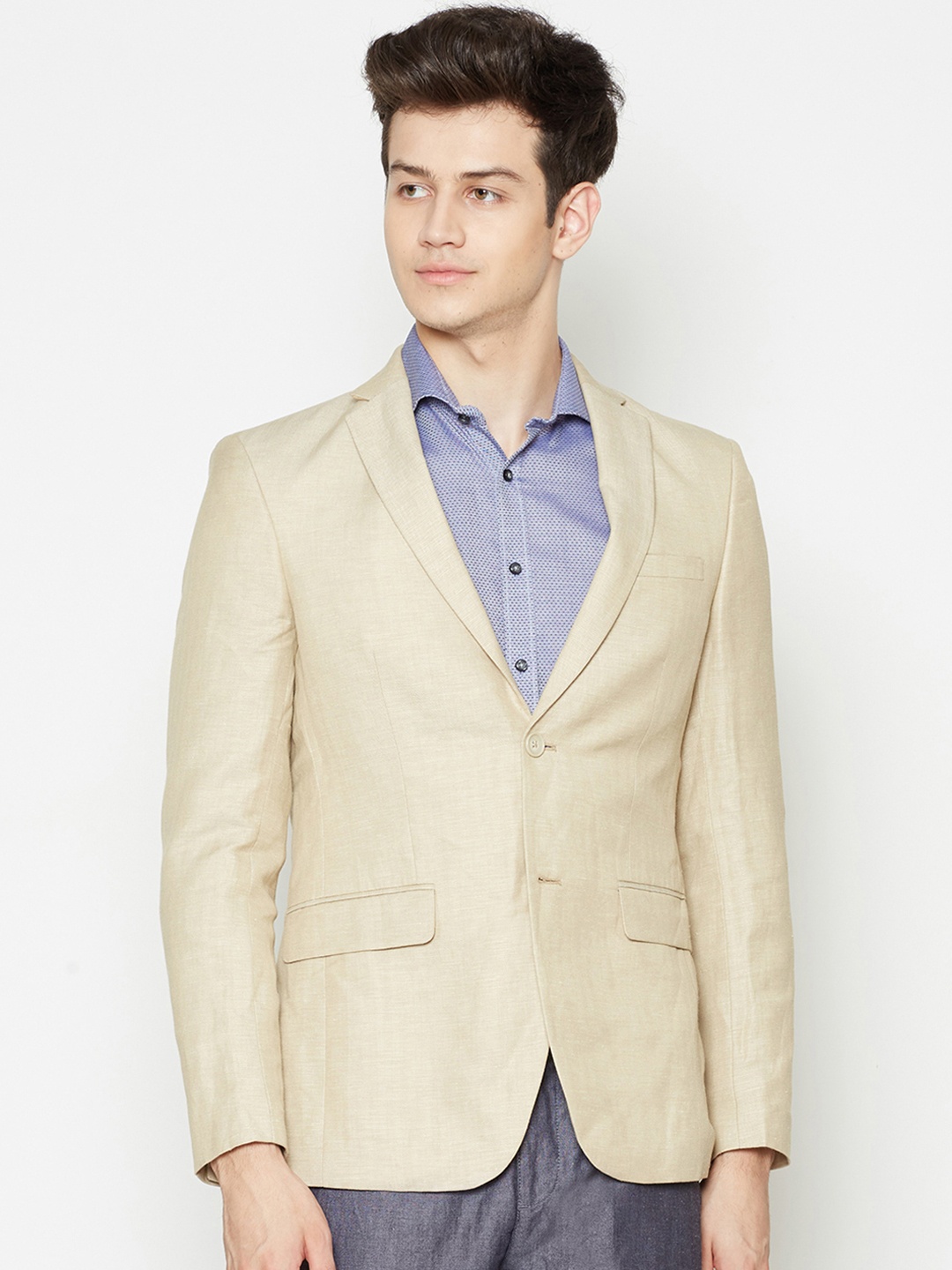 

Bruun & Stengade Men Cream-Coloured Solid Slim-Fit Single-Breasted Formal Linen Blazer