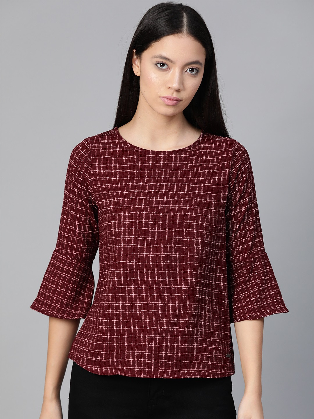

Roadster Women Burgundy & Pink Checked Top