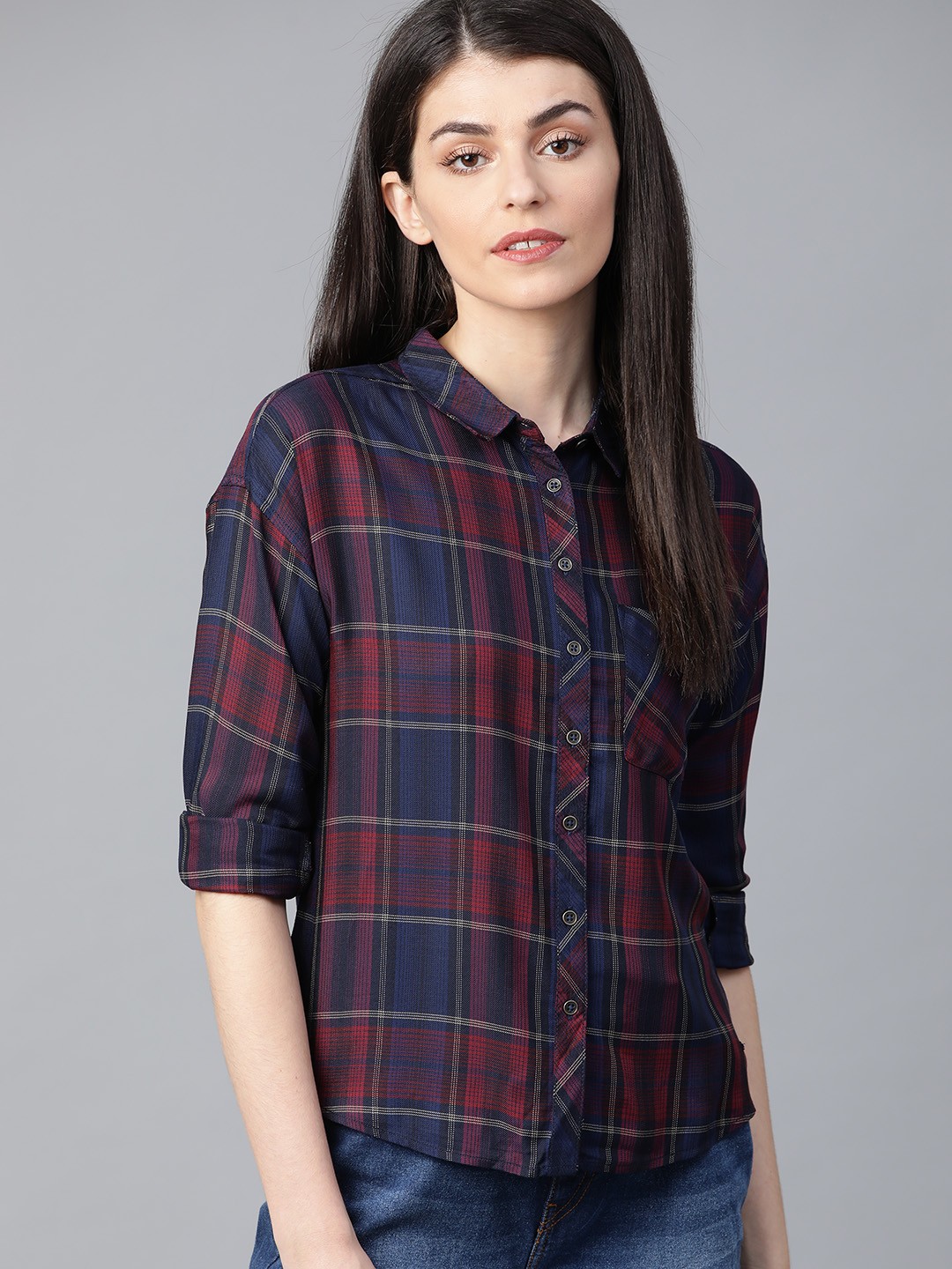 

Roadster Women Navy Blue & Burgundy Regular Fit Checked Sustainable Casual Shirt