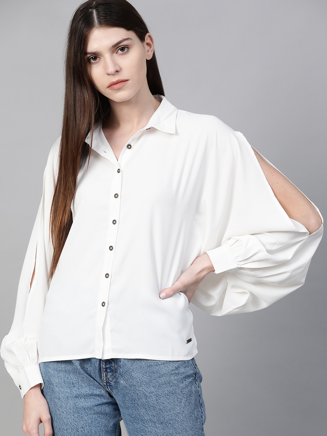

Roadster Women White Solid Slit Sleeves Casual Shirt