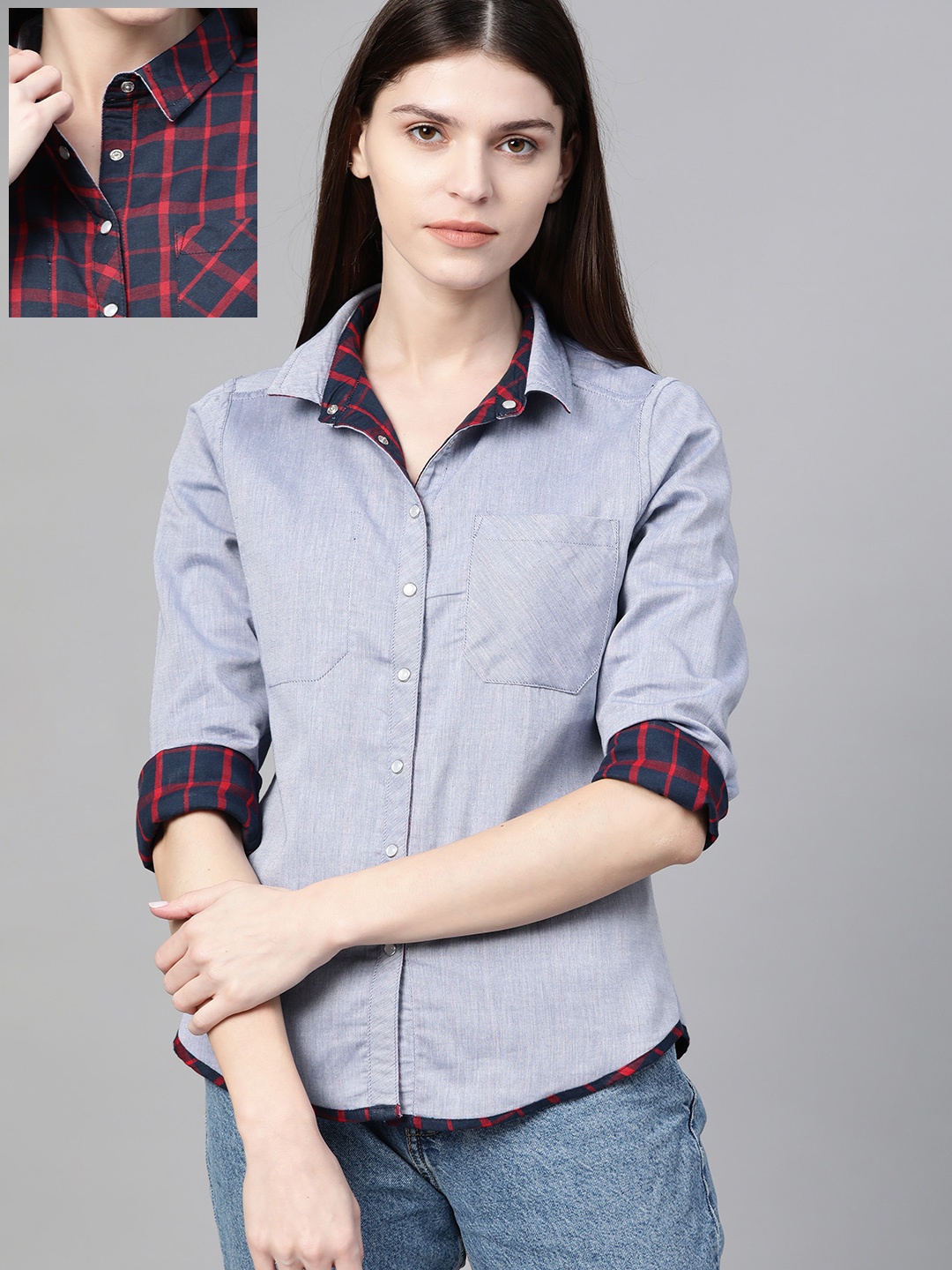 

Roadster Women Navy Blue & Red Reversible Regular Fit Checked Sustainable Casual Shirt